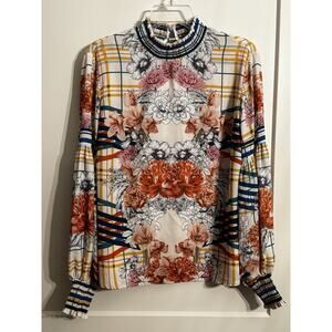 Jealous Tomato Long Sleeve Floral Top Blouse White Floral Academia Size L Office